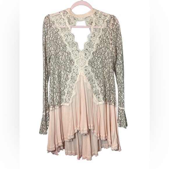 Free People Tell Tale Sheer Lace Pink and Cream Lace Tunic dress Victoriancore - Picture 3 of 9